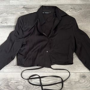 Padded Shoulder Criss Cross Button Down Blouse